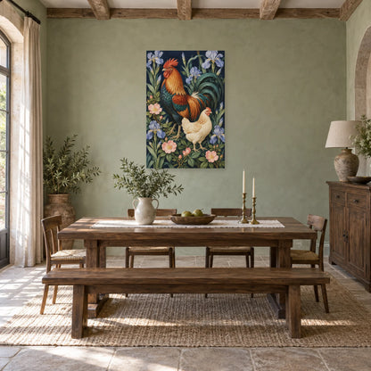 Affiche Coq et poule - Jardin bleu dans une salle à manger - Art Virtuoso