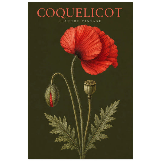 Affiche Coquelicot – Planche Vintage, gravure botanique vintage verticale, format 30 × 45 cm