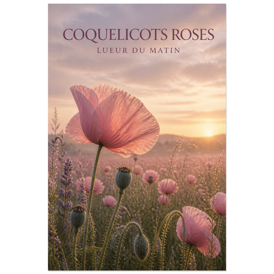 Affiche Coquelicots Roses – Lueur du Matin, photographie florale onirique verticale, format 30 × 45 cm