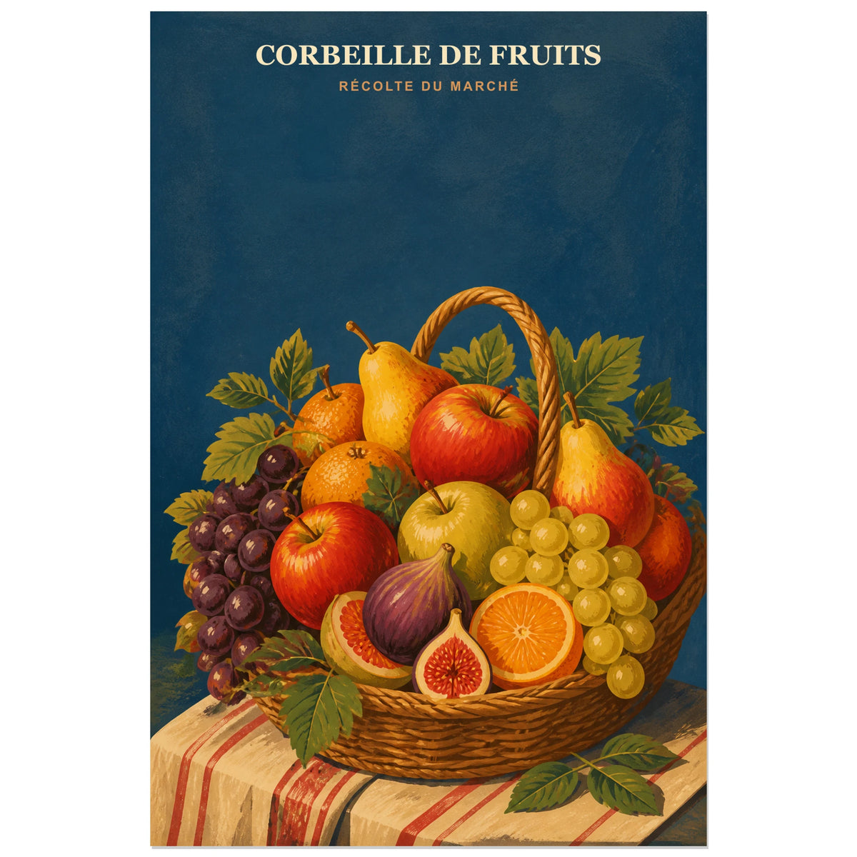 Affiche Corbeille de Fruits – Récolte du Marché, affiche de marché des années 1950 revisitée en gouache verticale, format 30 × 45 cm