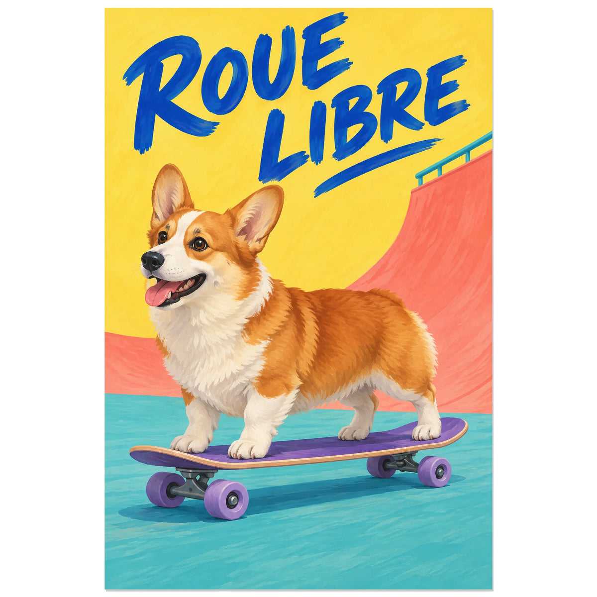 Affiche Corgi – Roue libre, gouache figurative / affiche humoristique verticale, format 60 × 90 cm
