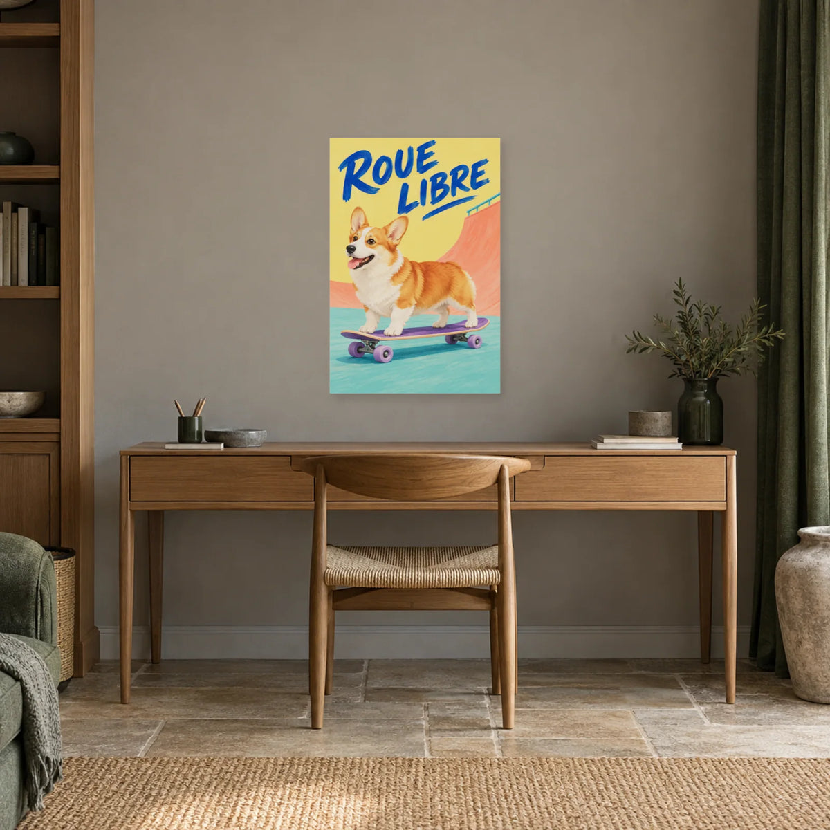 Affiche Corgi - Roue libre dans un bureau - Art Virtuoso