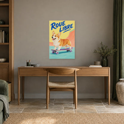 Affiche Corgi - Roue libre dans un bureau - Art Virtuoso