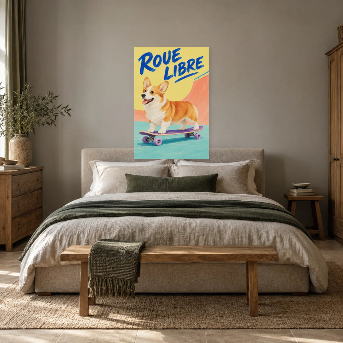 Affiche Corgi - Roue libre dans une chambre - Art Virtuoso
