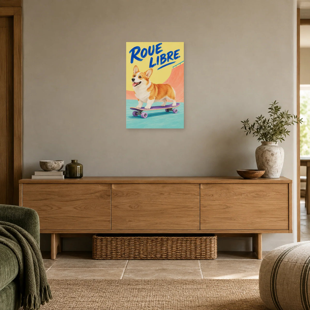 Affiche Corgi - Roue libre dans une entrée ou un couloir - Art Virtuoso
