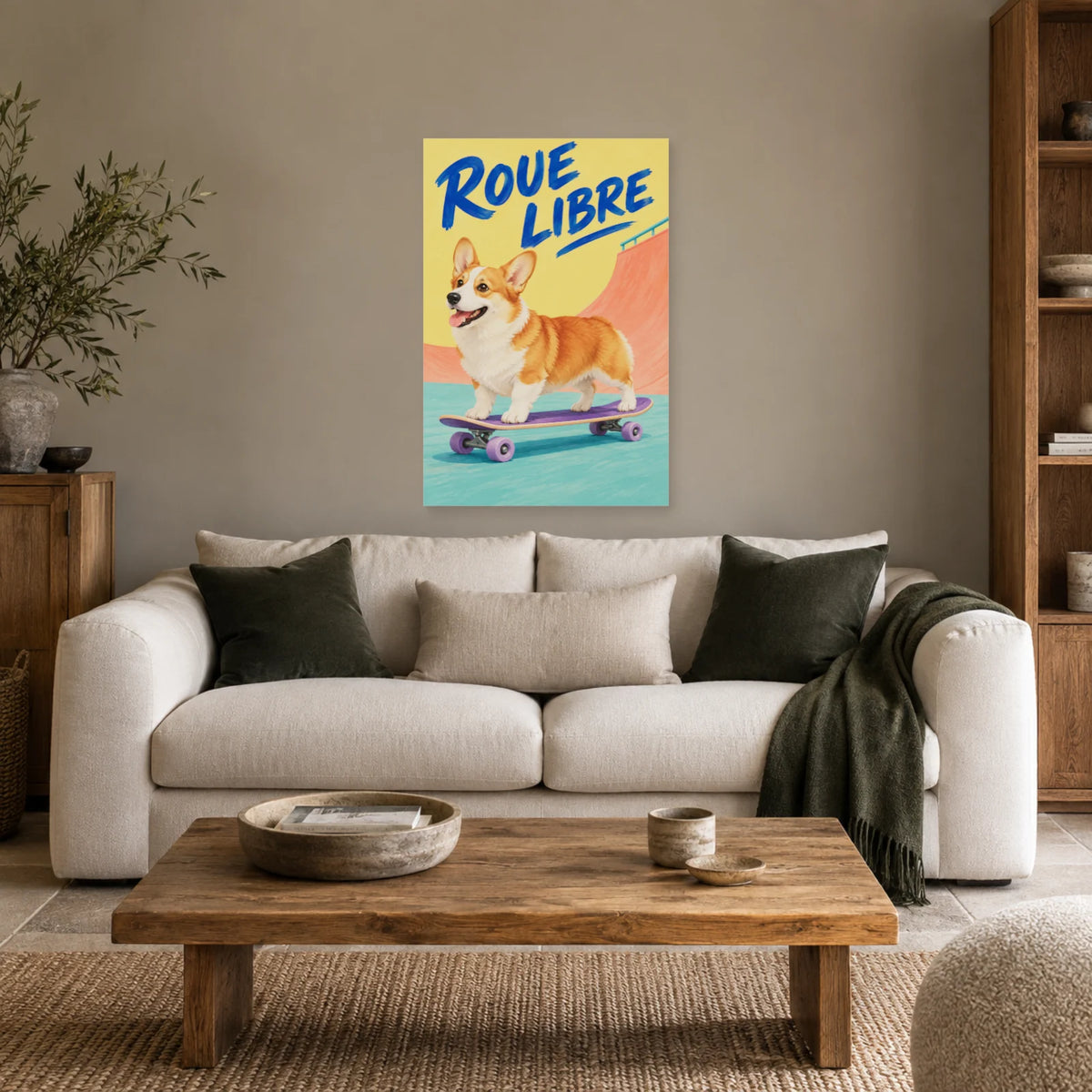 Affiche Corgi - Roue libre dans un salon - Art Virtuoso