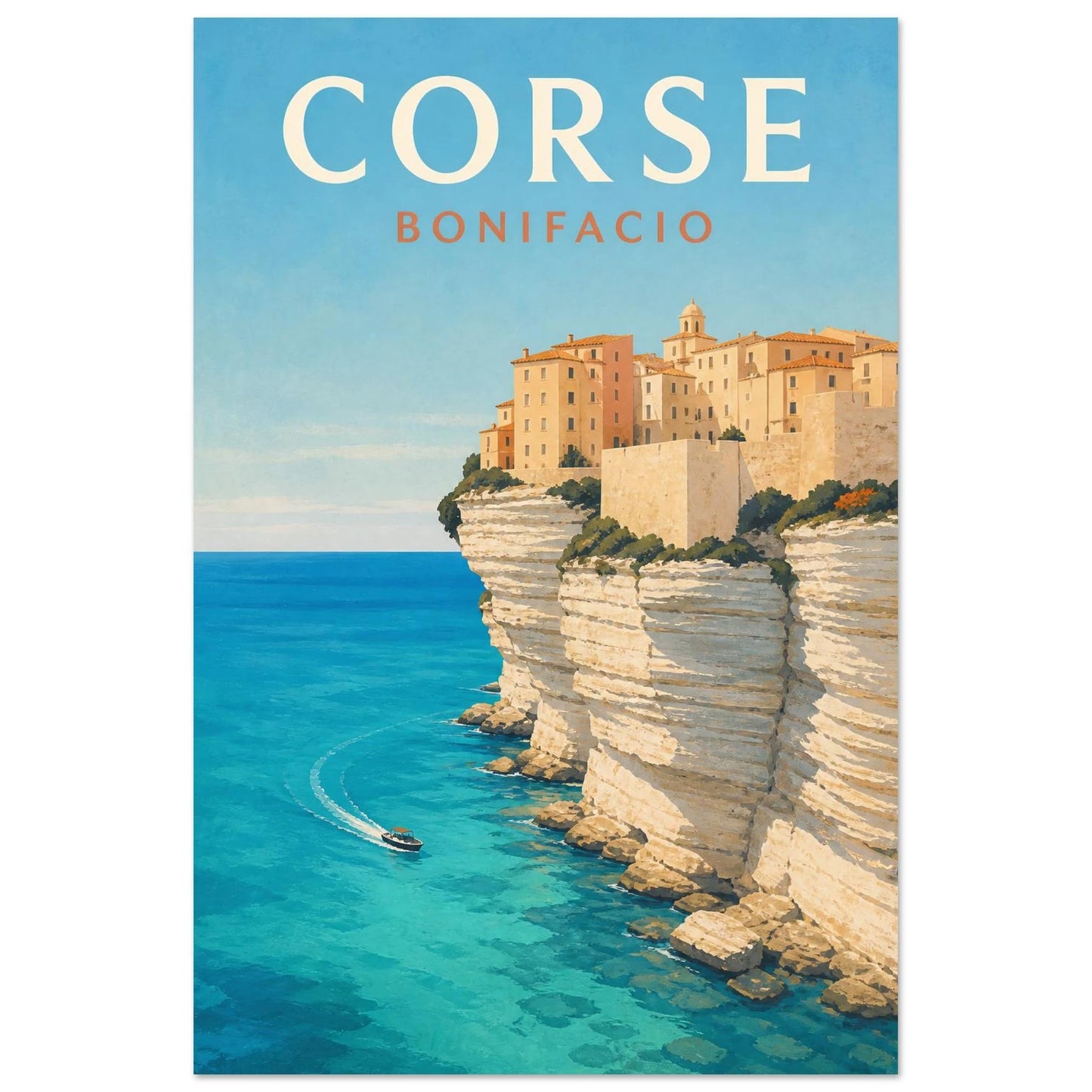 Affiche Corse – Bonifacio, illustration éditoriale verticale, format 30 × 45 cm