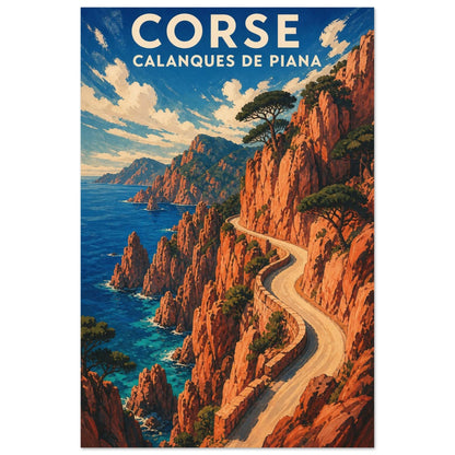 Affiche Corse – Calanques de Piana, illustration graphique verticale, format 30 × 45 cm