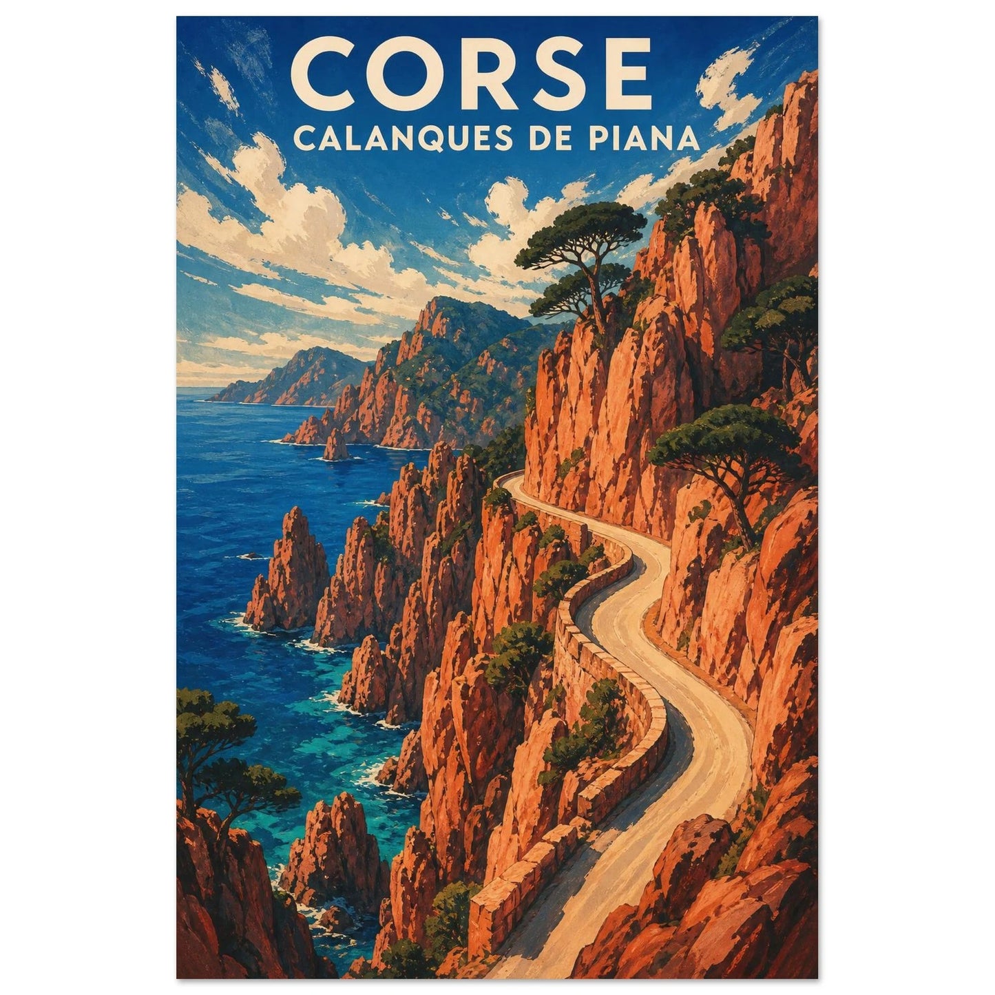 Affiche Corse – Calanques de Piana, illustration graphique verticale, format 60 × 90 cm