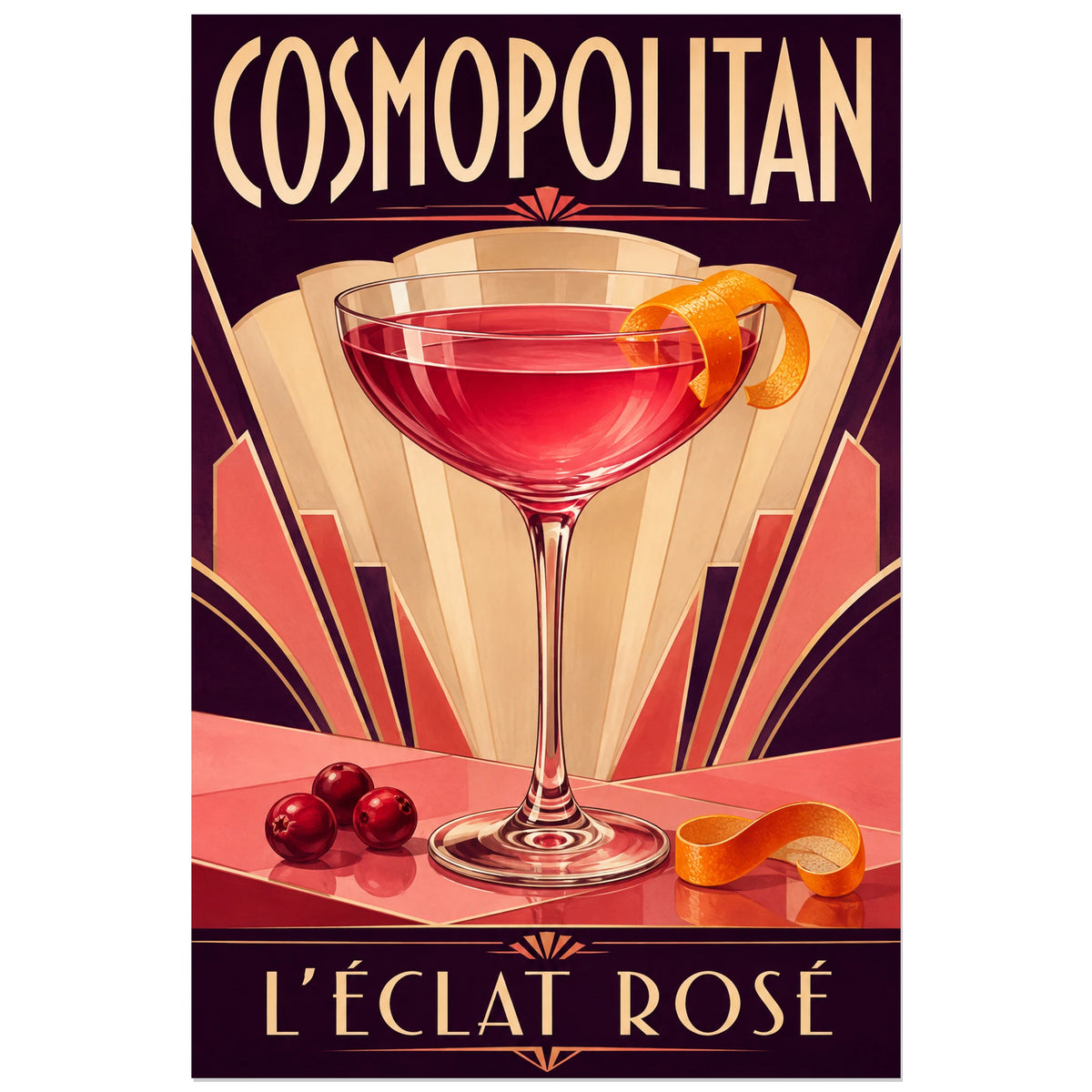 Affiche Cosmopolitan, l’éclat rosé, illustration de cocktail art déco aux transparences peintes et aux volumes géométriques verticale, format 30 × 45 cm