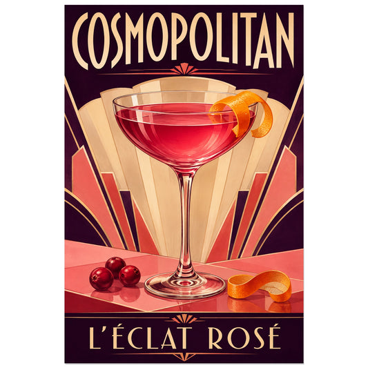 Affiche Cosmopolitan, l’éclat rosé, illustration de cocktail art déco aux transparences peintes et aux volumes géométriques verticale, format 30 × 45 cm