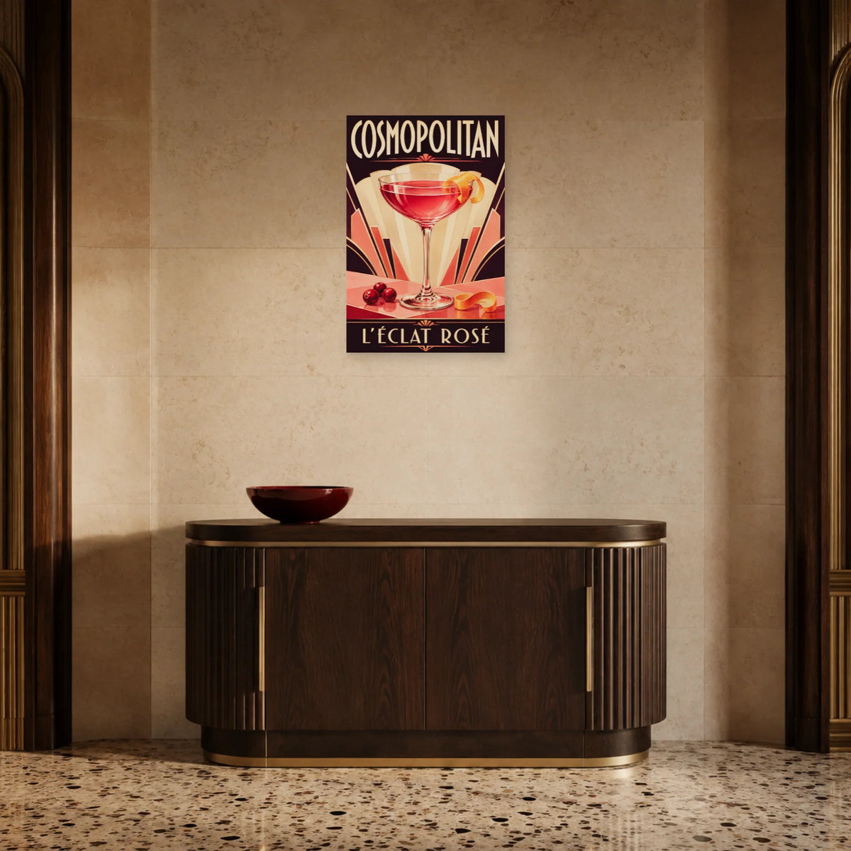 Affiche Cosmopolitan, l’éclat rosé dans une entrée ou un couloir - Art Virtuoso