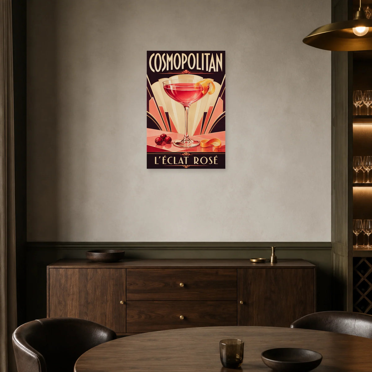 Affiche Cosmopolitan, l’éclat rosé dans une salle à manger - Art Virtuoso