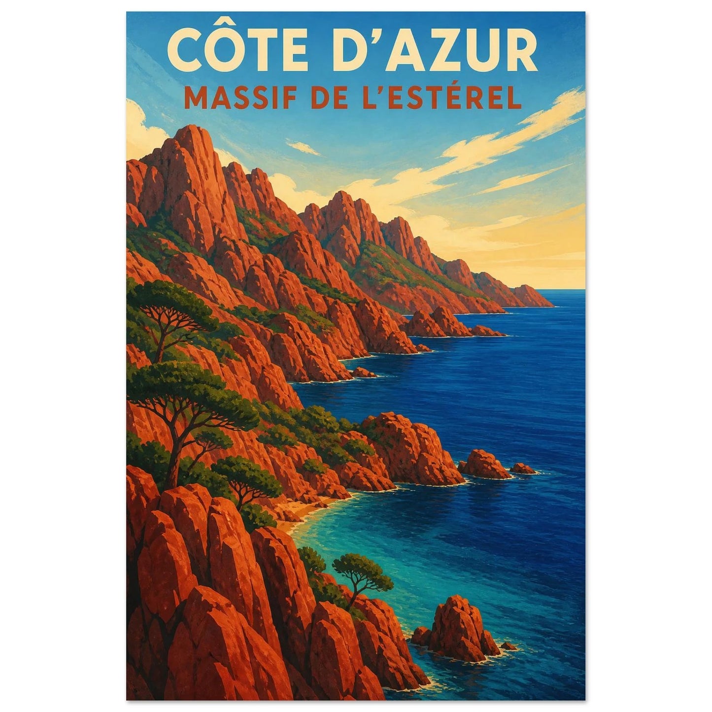 Affiche Côte d’Azur – Massif de l’Estérel, sérigraphie illustrée verticale, format 30 × 45 cm