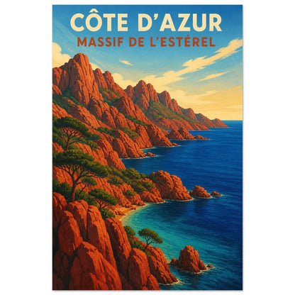 Affiche Côte d’Azur – Massif de l’Estérel, sérigraphie illustrée verticale, format 60 × 90 cm