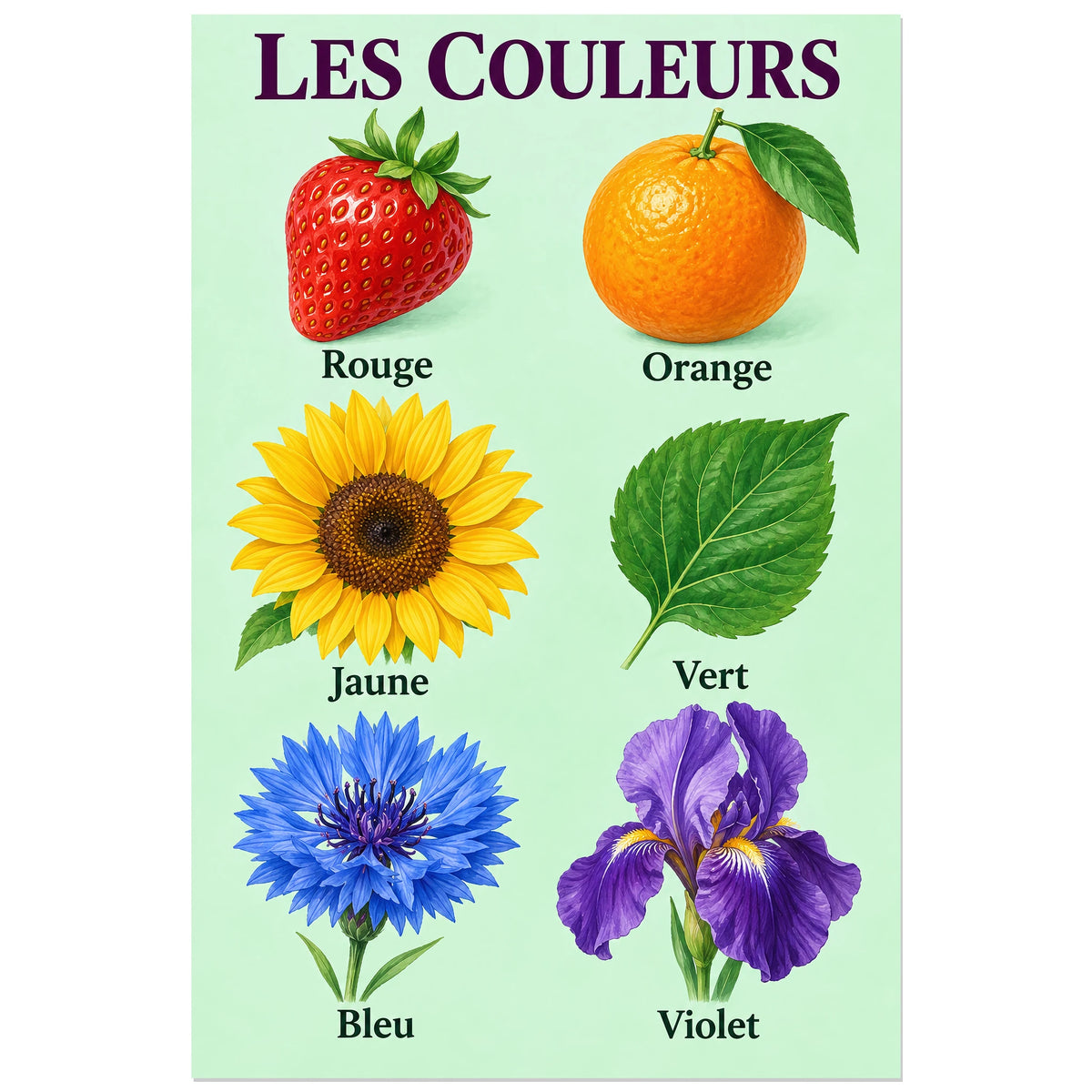 Jardin de six couleurs illustrées par fruits et fleurs, affiche 30 × 45 cm