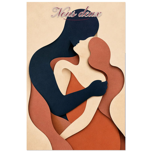 Affiche Nous deux - Couple abstrait enlacé, illustration abstraite en papier découpé aux volumes doux verticale, format 30 × 45 cm