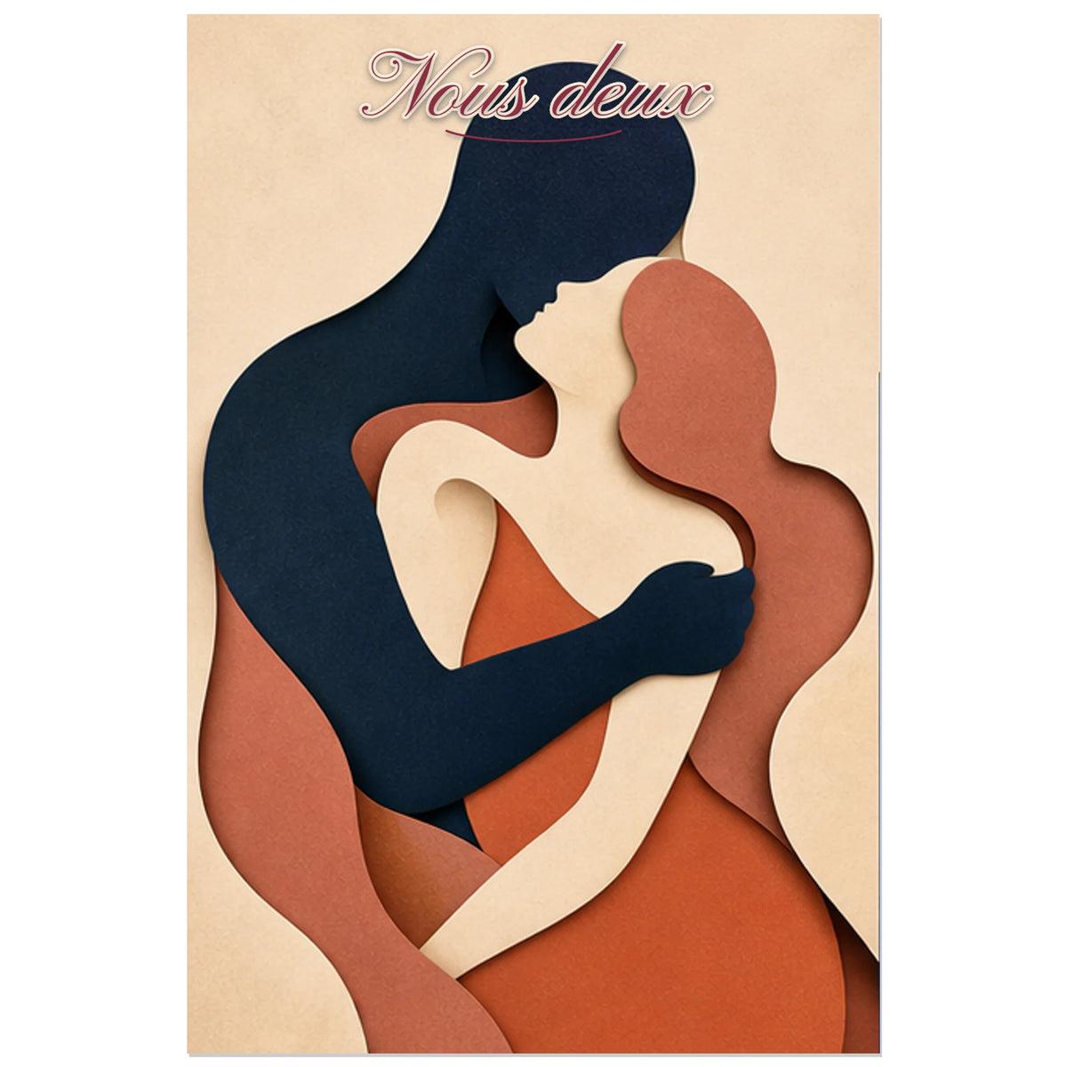 Affiche Nous deux - Couple abstrait enlacé, illustration abstraite en papier découpé aux volumes doux verticale, format 60 × 90 cm