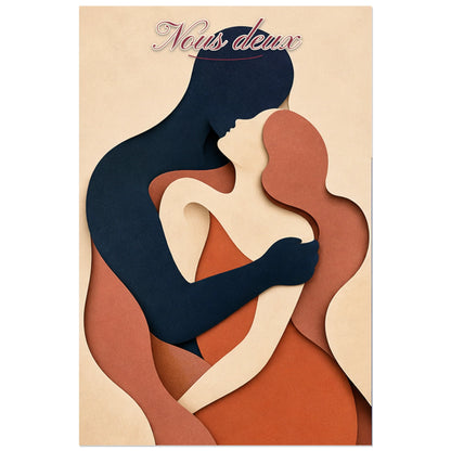 Affiche Nous deux - Couple abstrait enlacé, illustration abstraite en papier découpé aux volumes doux verticale, format 60 × 90 cm
