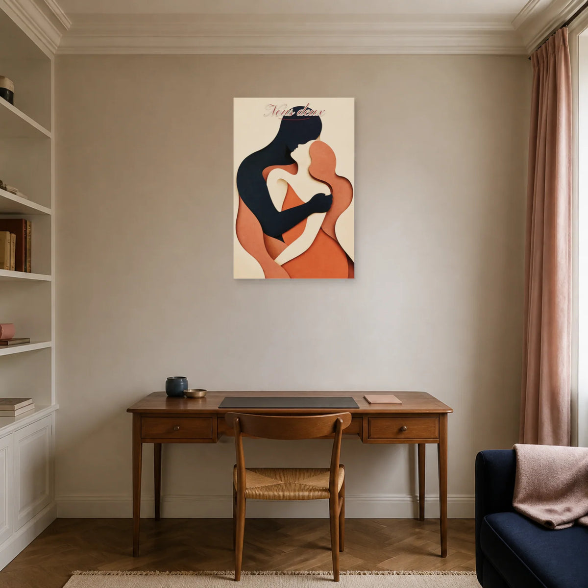 Affiche Nous deux - Couple abstrait enlacé dans un bureau - Art Virtuoso