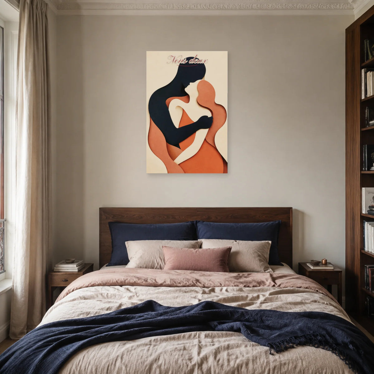 Affiche Nous deux - Couple abstrait enlacé dans une chambre - Art Virtuoso