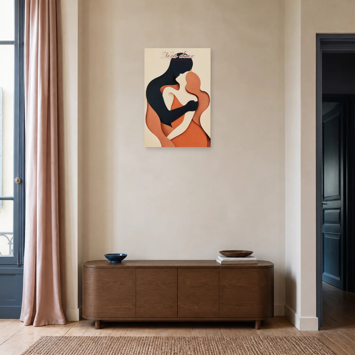 Affiche Nous deux - Couple abstrait enlacé dans une entrée ou un couloir - Art Virtuoso