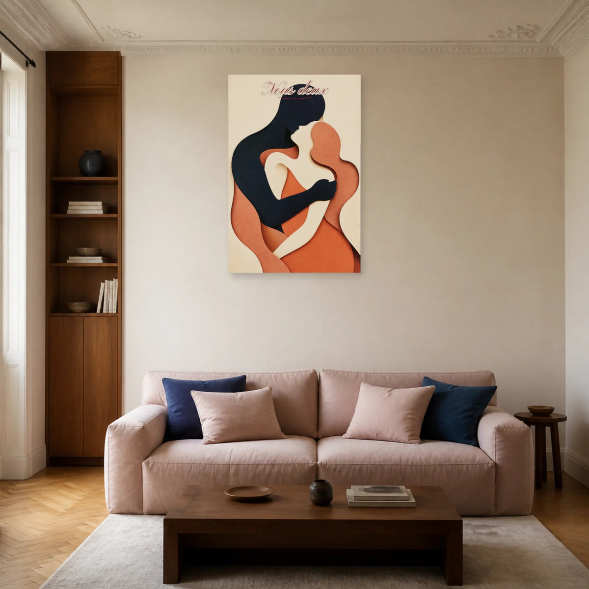 Affiche Nous deux - Couple abstrait enlacé dans un salon - Art Virtuoso