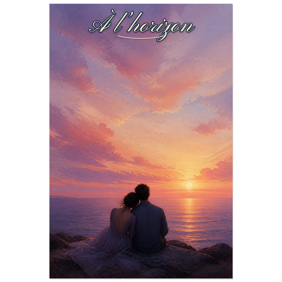 Affiche À l’horizon - Couple esthétique, paysage romantique peint dans un registre éditorial atmosphérique verticale, format 60 × 90 cm