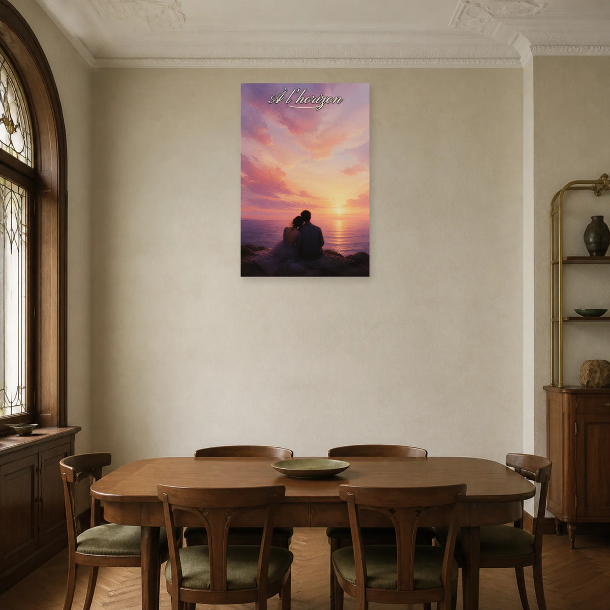 Affiche À l’horizon - Couple esthétique dans une salle à manger - Art Virtuoso