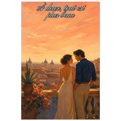 Affiche À deux, tout est plus beau - Toits de la ville, gouache décorative aux lumières de fin de journée verticale, format 40 × 60 cm