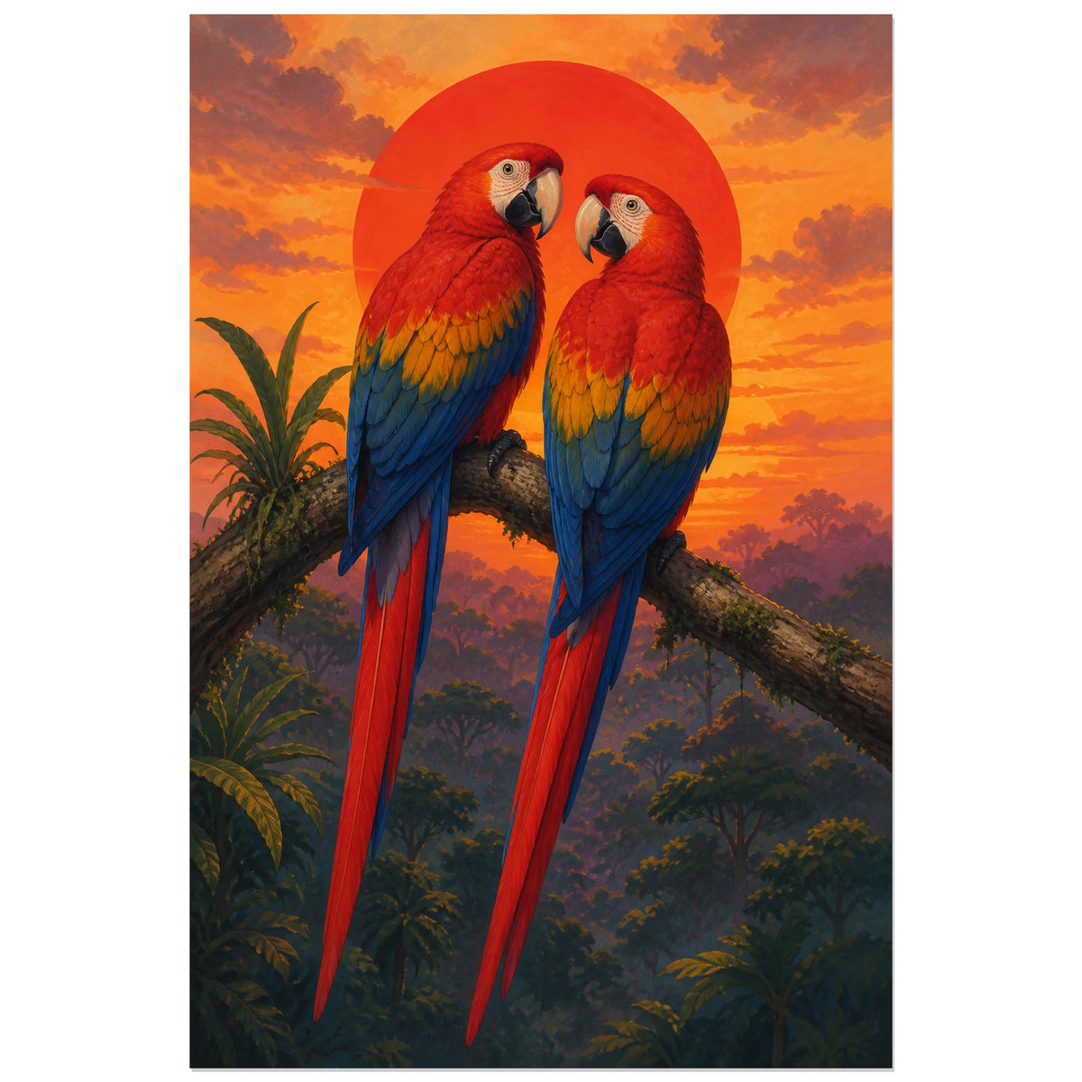 Affiche Couple d’aras au coucher du soleil, illustration tropicale romantique en gouache au langage d’affiche de voyage verticale, format 30 × 45 cm