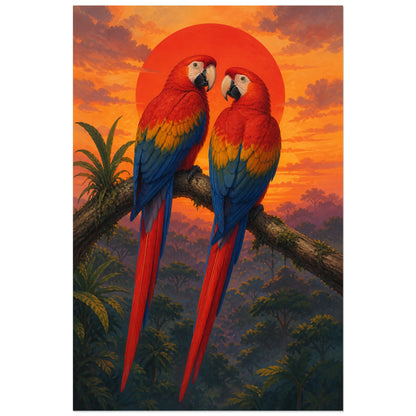 Affiche Couple d’aras au coucher du soleil, illustration tropicale romantique en gouache au langage d’affiche de voyage verticale, format 40 × 60 cm
