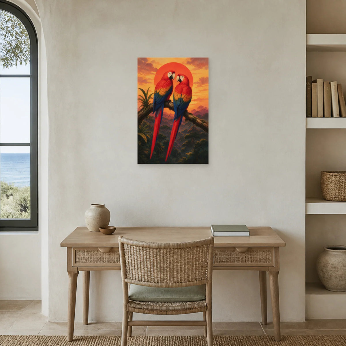 Affiche Couple d’aras au coucher du soleil dans un bureau - Art Virtuoso