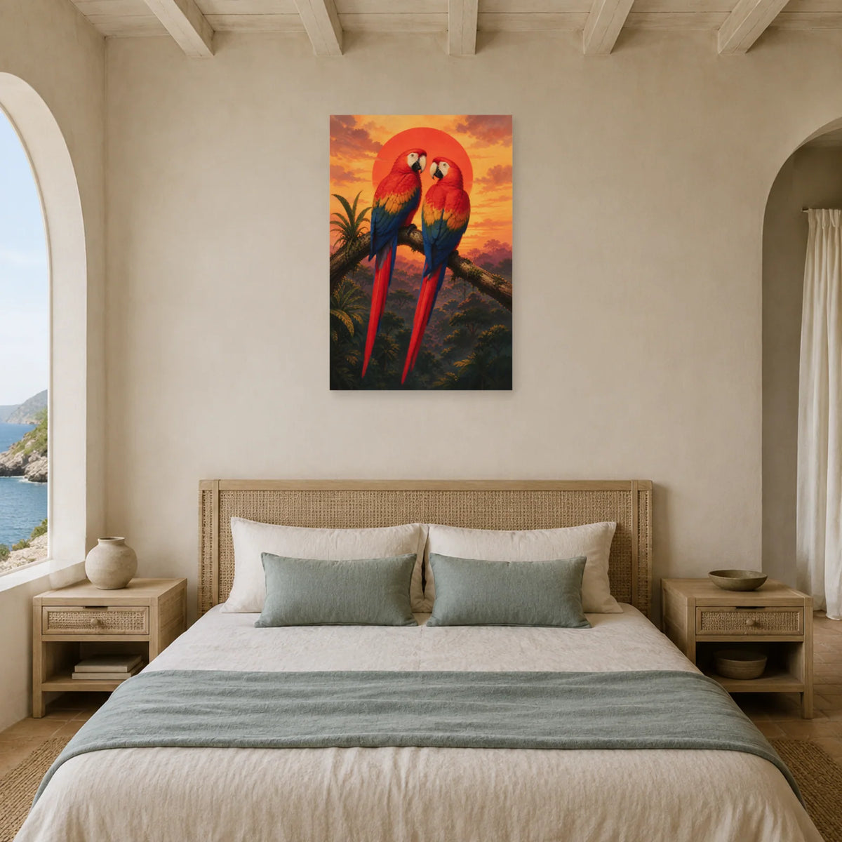 Affiche Couple d’aras au coucher du soleil dans une chambre - Art Virtuoso