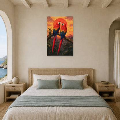 Affiche Couple d’aras au coucher du soleil dans une chambre - Art Virtuoso