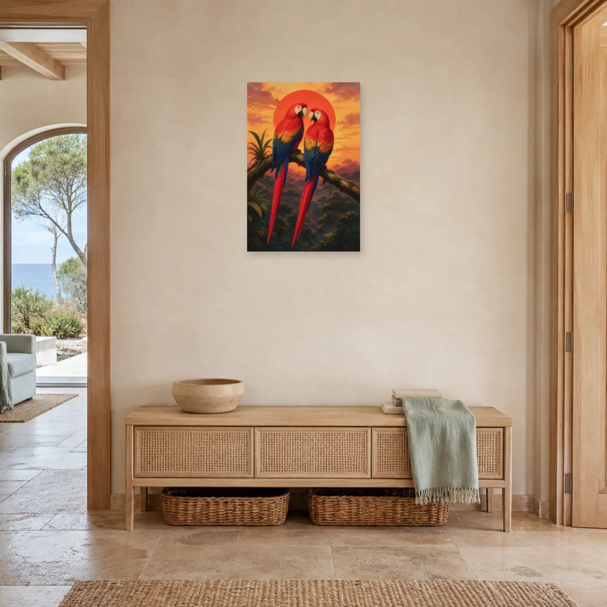 Affiche Couple d’aras au coucher du soleil dans une entrée ou un couloir - Art Virtuoso