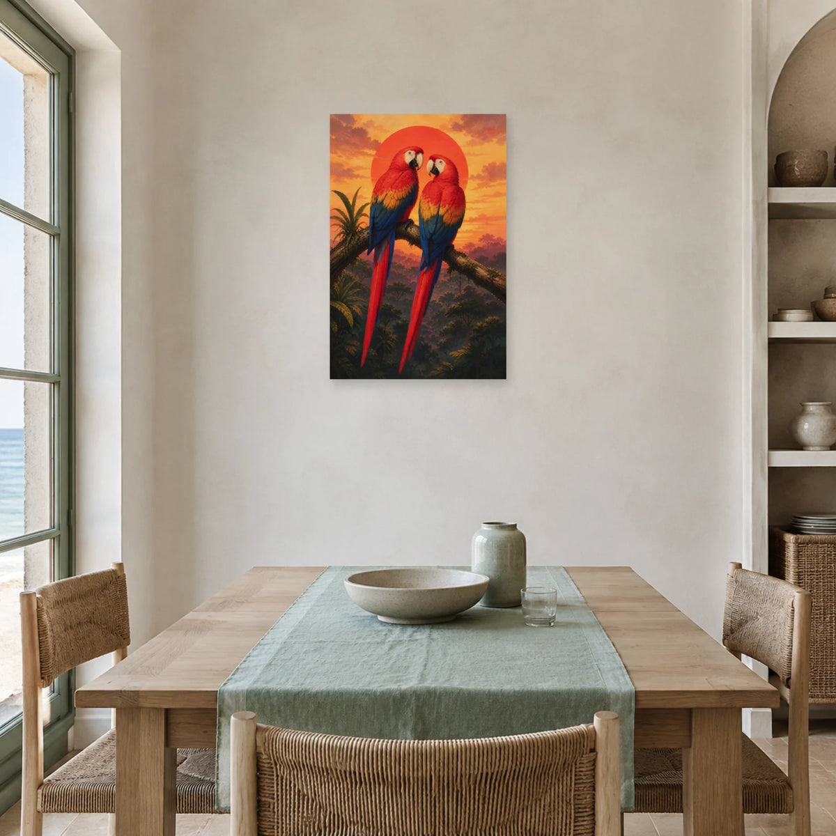 Affiche Couple d’aras au coucher du soleil dans une salle à manger - Art Virtuoso