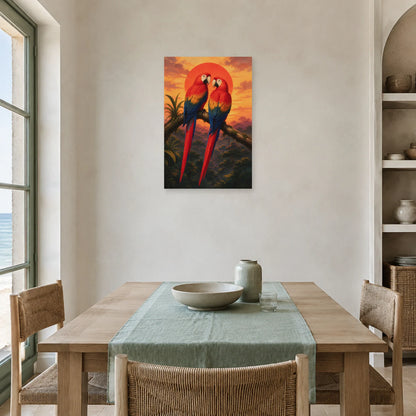 Affiche Couple d’aras au coucher du soleil dans une salle à manger - Art Virtuoso