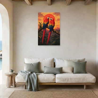 Affiche Couple d’aras au coucher du soleil dans un salon - Art Virtuoso