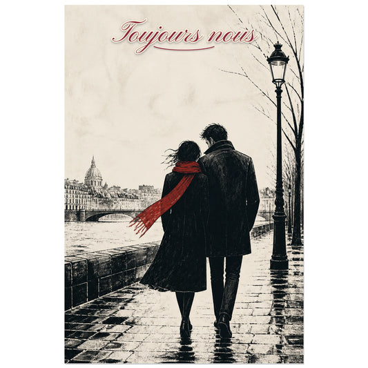 Affiche Toujours nous - Couple de dos, gravure et fusain monochromes relevés d’un accent rouge verticale, format 30 × 45 cm