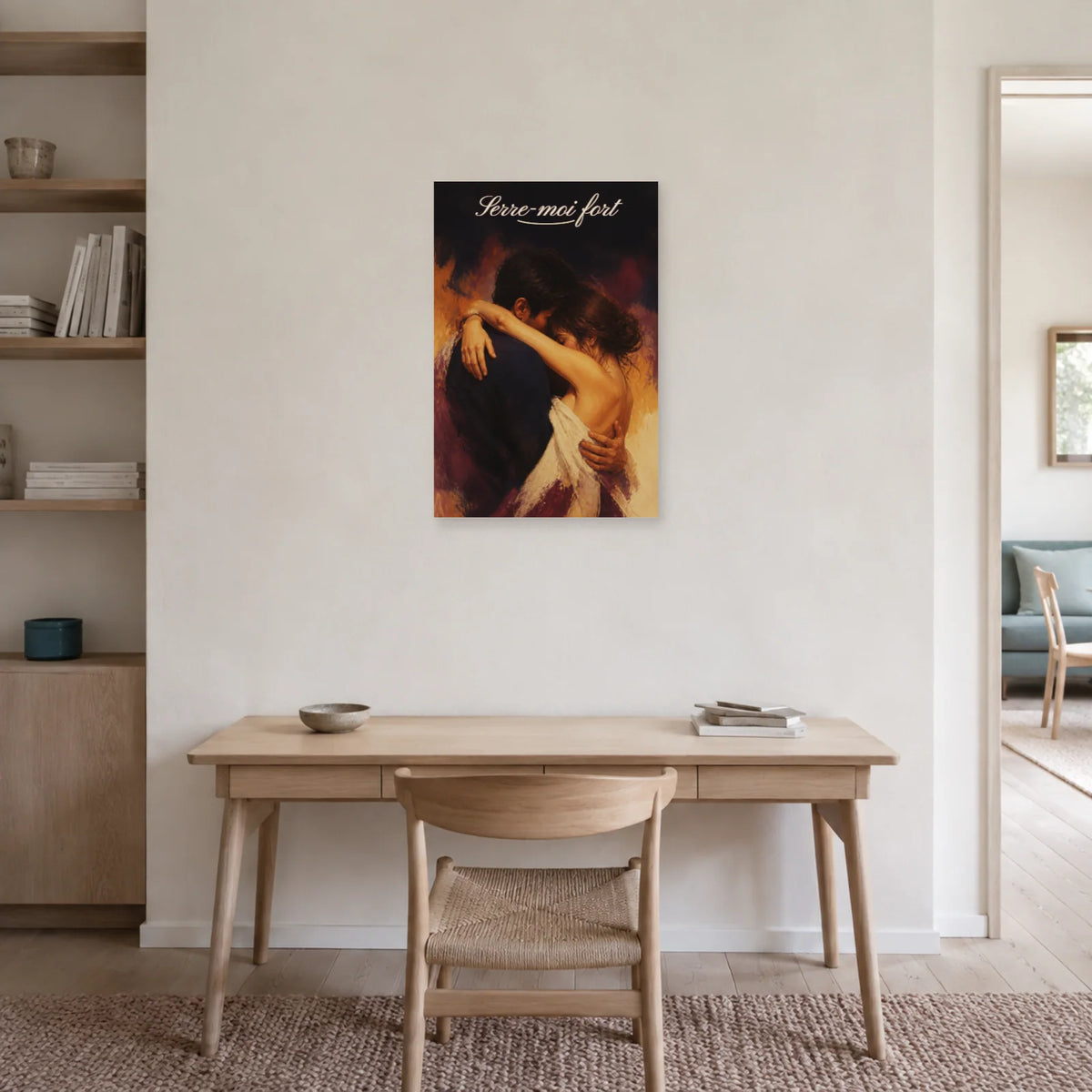 Affiche Serre-moi fort - Couple enlacé dans un bureau - Art Virtuoso