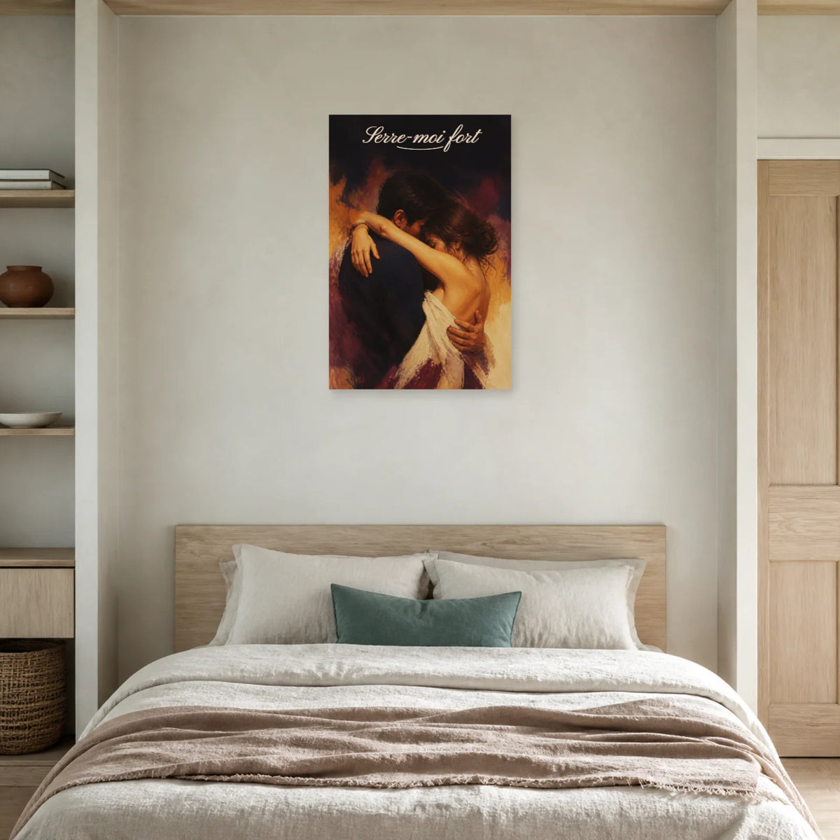 Affiche Serre-moi fort - Couple enlacé dans une chambre - Art Virtuoso