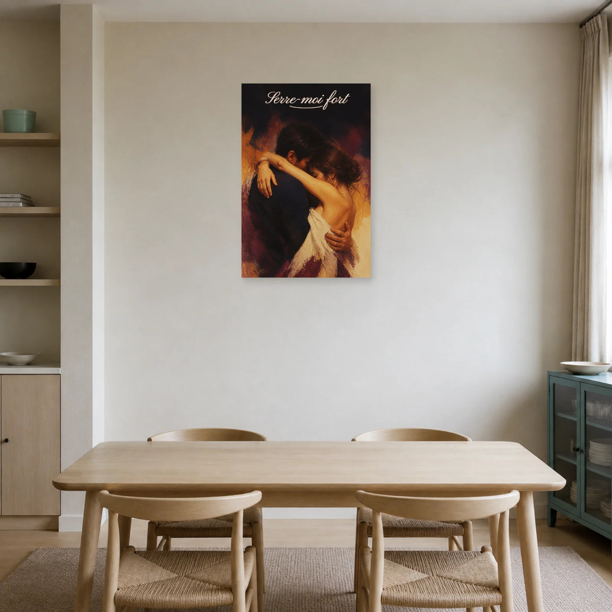 Affiche Serre-moi fort - Couple enlacé dans une salle à manger - Art Virtuoso