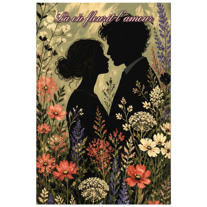 Affiche Là où fleurit l’amour - Couple botanique, gouache botanique romantique aux silhouettes découpées verticale, format 60 × 90 cm