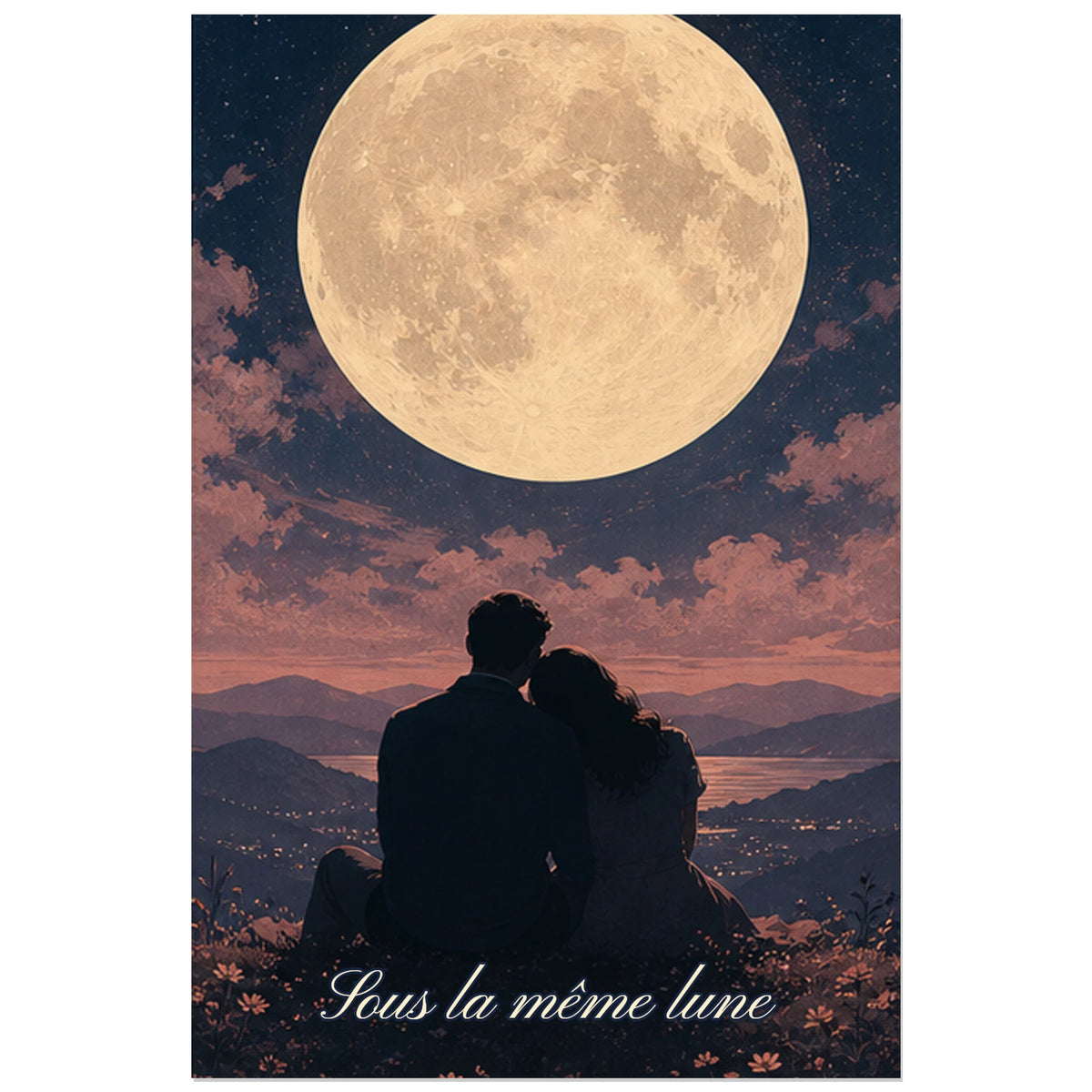 Affiche Sous la même lune - Couple romantique, paysage romantique onirique peint en gouache texturée verticale, format 30 × 45 cm