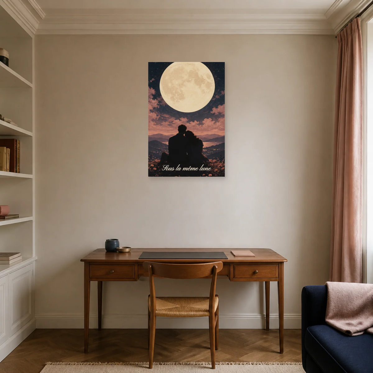 Affiche Sous la même lune - Couple romantique dans un bureau - Art Virtuoso