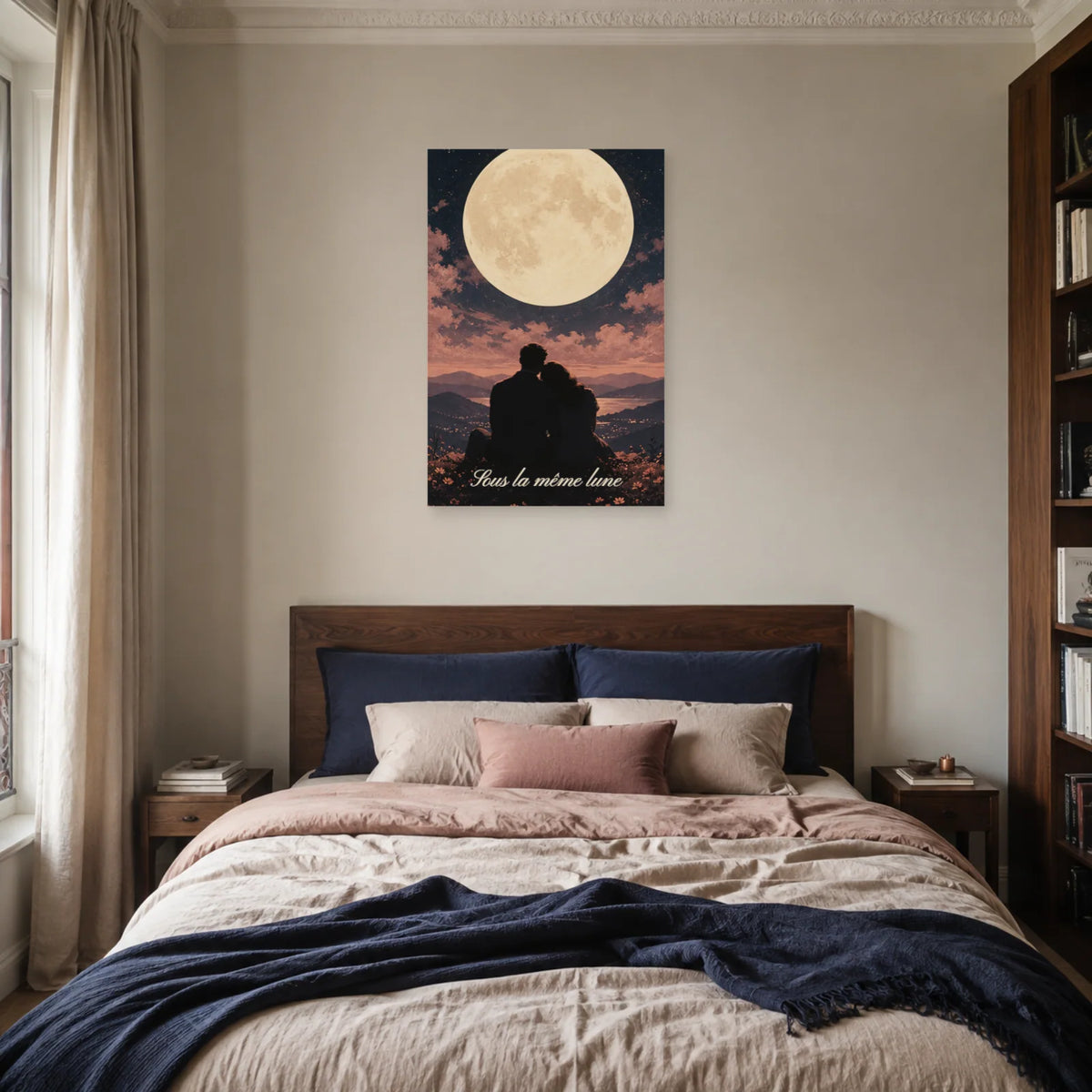 Affiche Sous la même lune - Couple romantique dans une chambre - Art Virtuoso