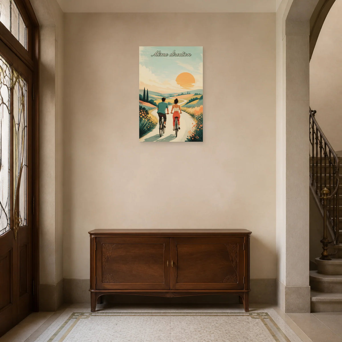 Affiche Même direction - Couple moderne dans une entrée ou un couloir - Art Virtuoso