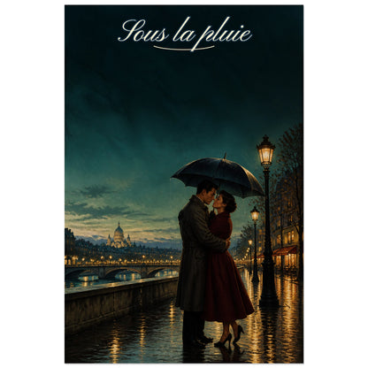 Affiche Sous la pluie - Couple romantique, illustration romantique cinématographique d’inspiration vintage verticale, format 30 × 45 cm