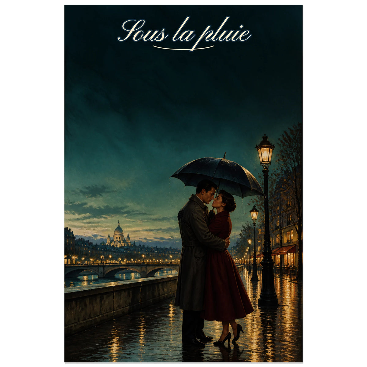 Affiche Sous la pluie - Couple romantique, illustration romantique cinématographique d’inspiration vintage verticale, format 40 × 60 cm